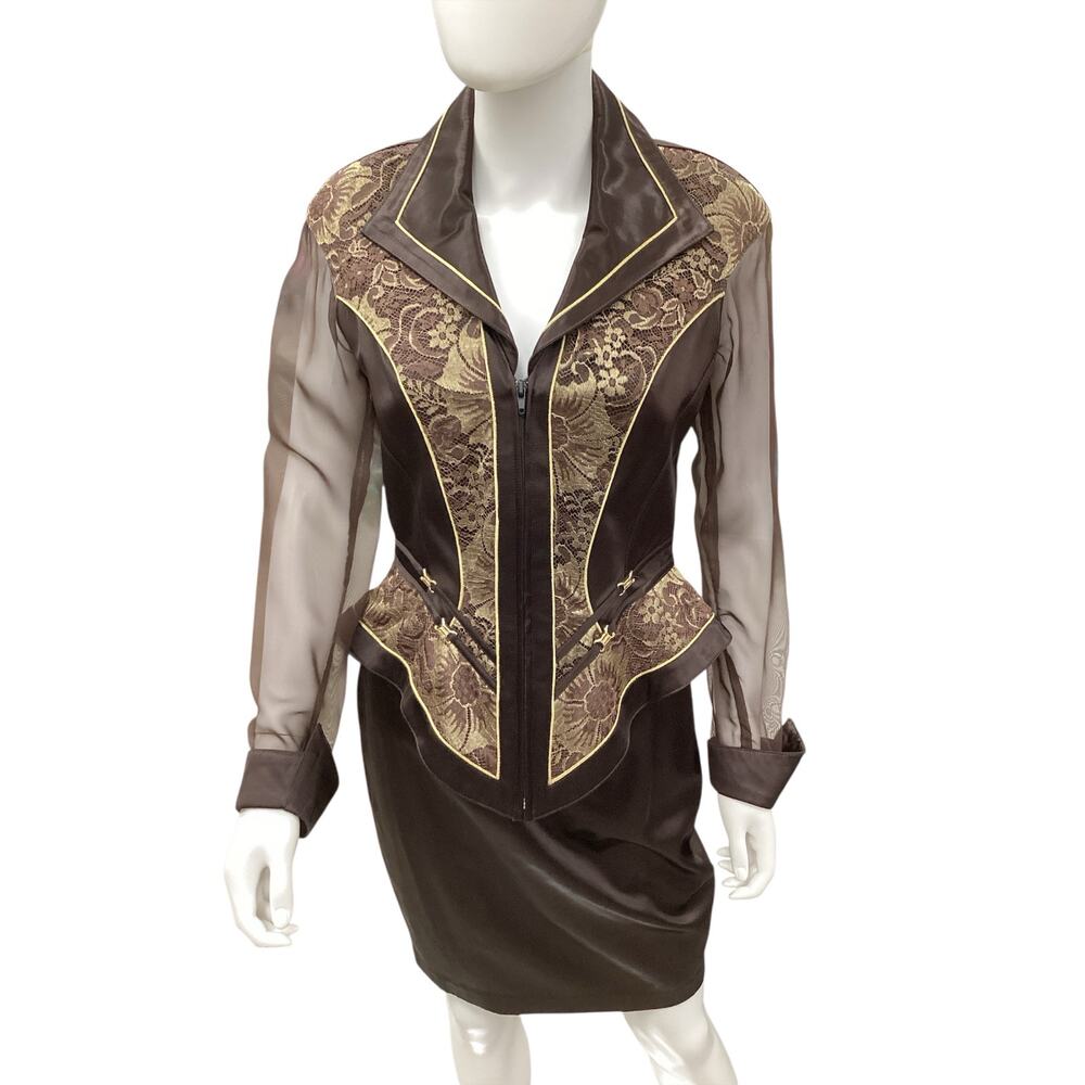 VTG Cache 2 Piece Set Jacket+Skirt Women’s Size 6 Sheer Sleeve Zipper Dark Brown